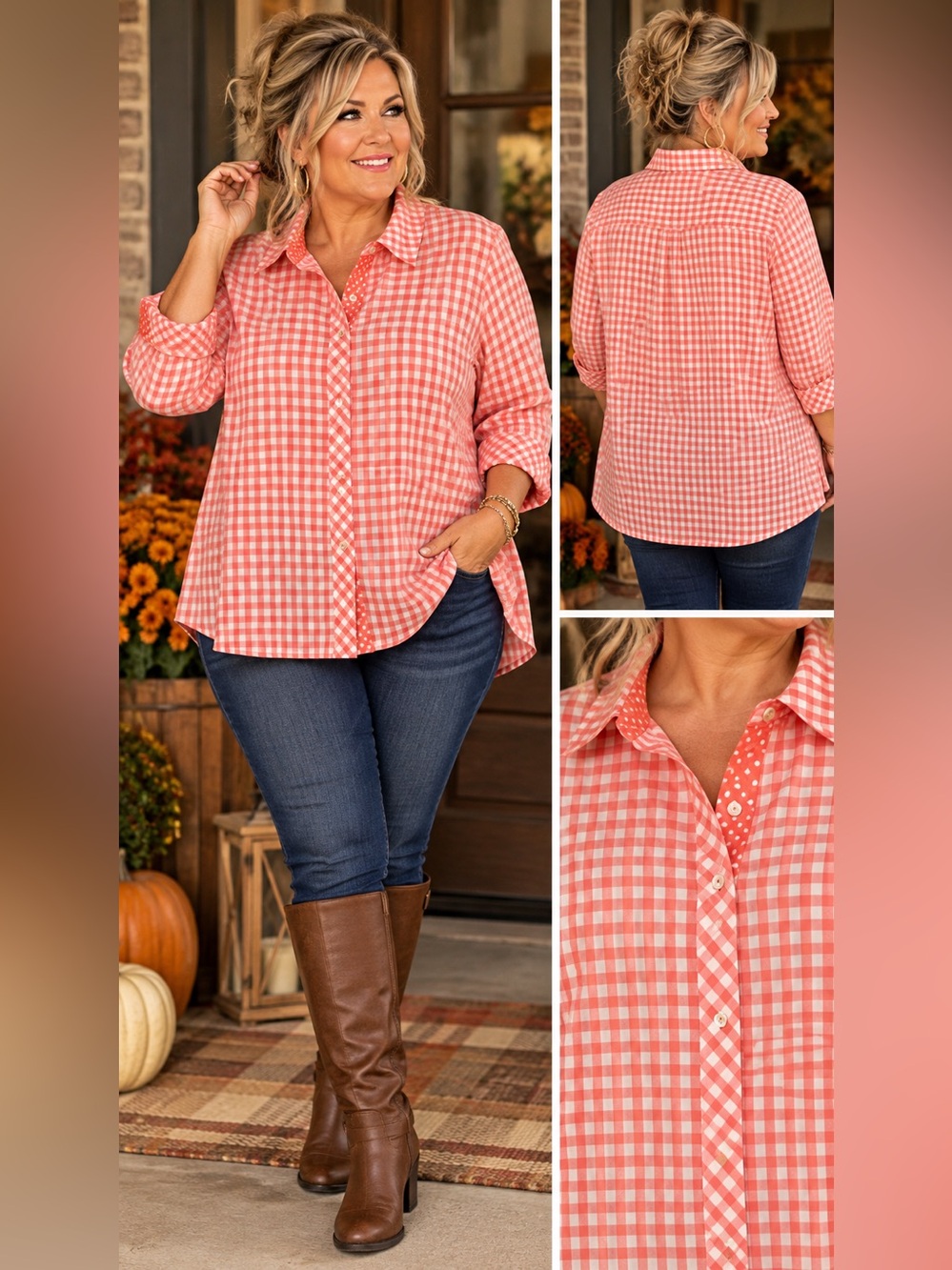 TALBOTS ORANGE WHITE GINGHAM BUTTON UP COTTON BLOUSE SIZE 3X Fall Pumpkin Patch